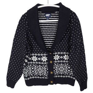 LANDS END Cozy Lofty Jacquard Cardigan Sweater M Fair Isle Nordic Shawl Collar
